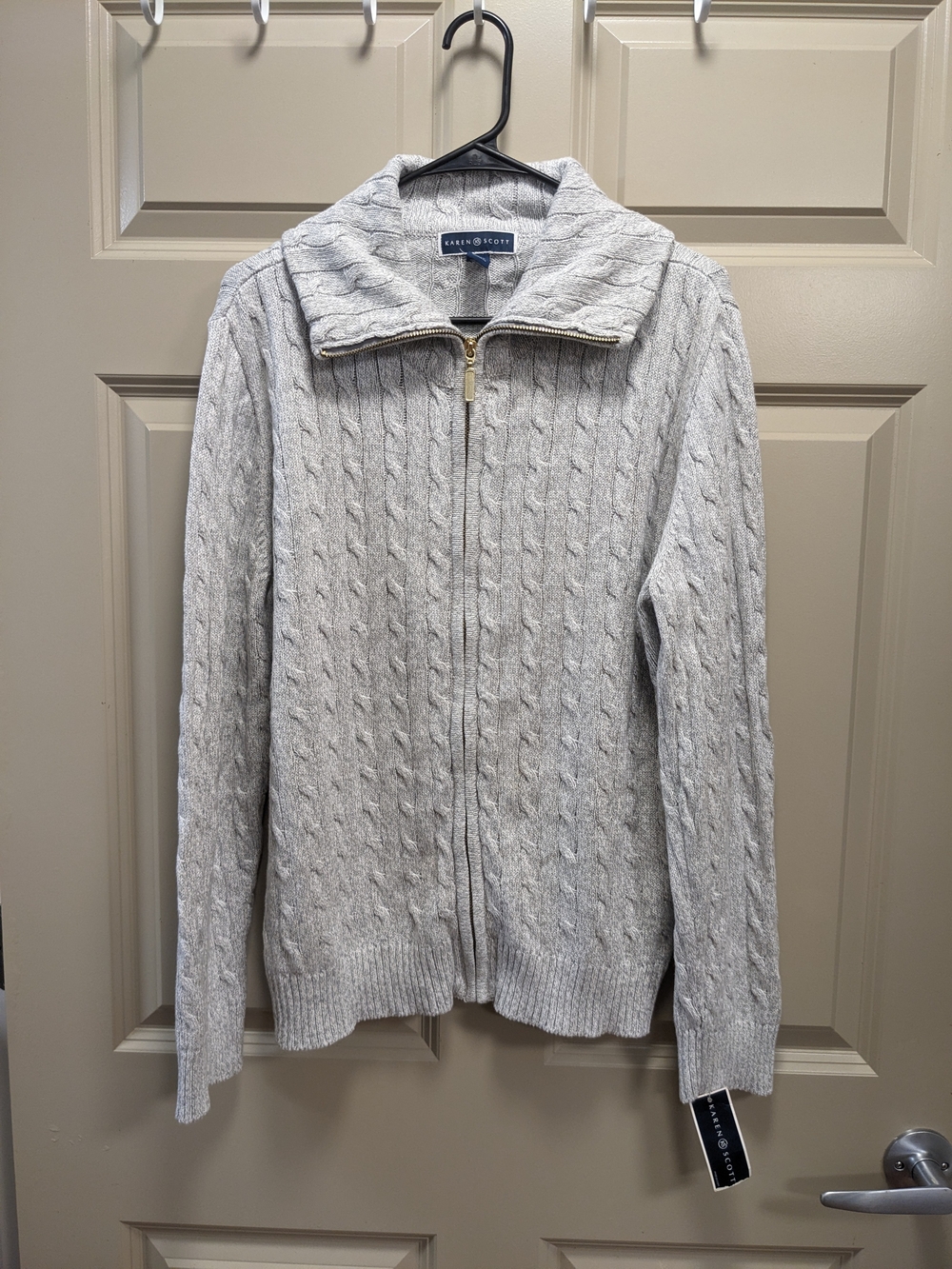 Karen Scott Lt Gray Cable-Knit Collared Zip Front Sweater Size Large